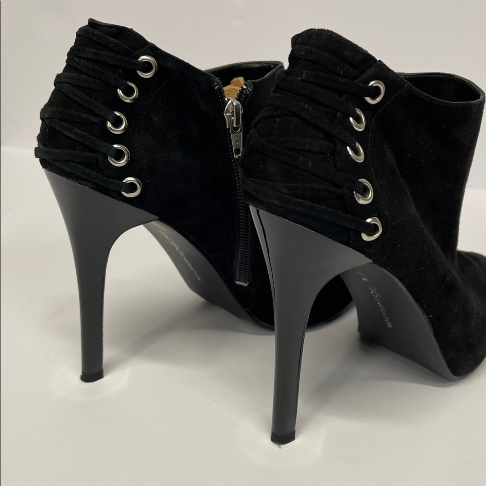 BCBGeneration black suede platform stiletto ankle booties with laceup detail